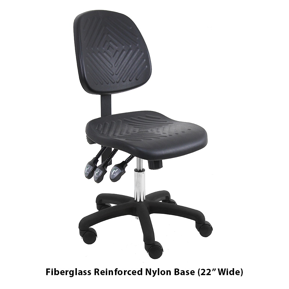 Premium Industrial Task Desk Height Chair with Black Nylon Base, Black Urethane, Single Lever Height Adjustment, Height Range: 14" to 19"-3 Lever Control-Nylon Base