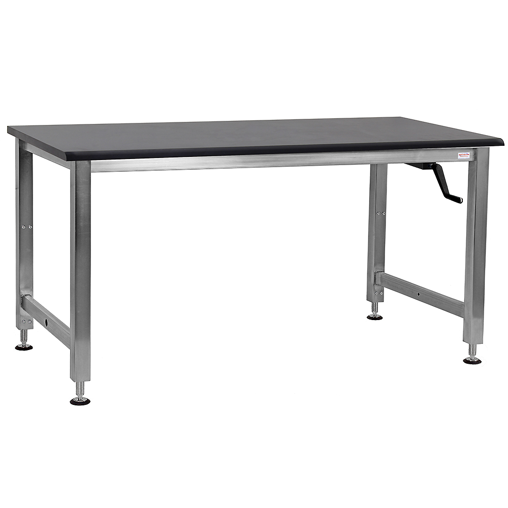 JA1000 Stainless Steel Workbench Manual Hydraulic Lift 16" Stroke with Phenolic Resin 1" Thick Top, Round Front Edge