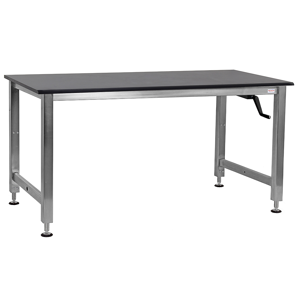 JA1000 Stainless Steel Workbench Manual Hydraulic Lift 12" Stroke with Phenolic Resin 3/4" Thick Top, Round Front Edge