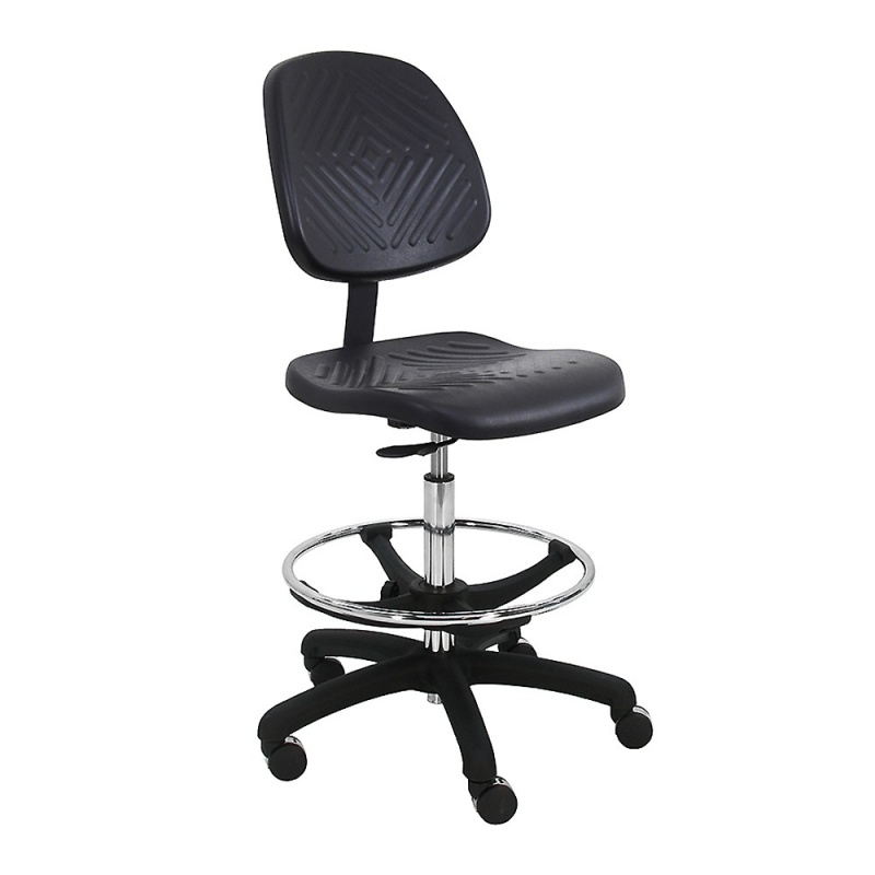 Premium Industrial Task Bench Height Chair, Black Urethane, Heavy Duty Footring, 8" Stroke